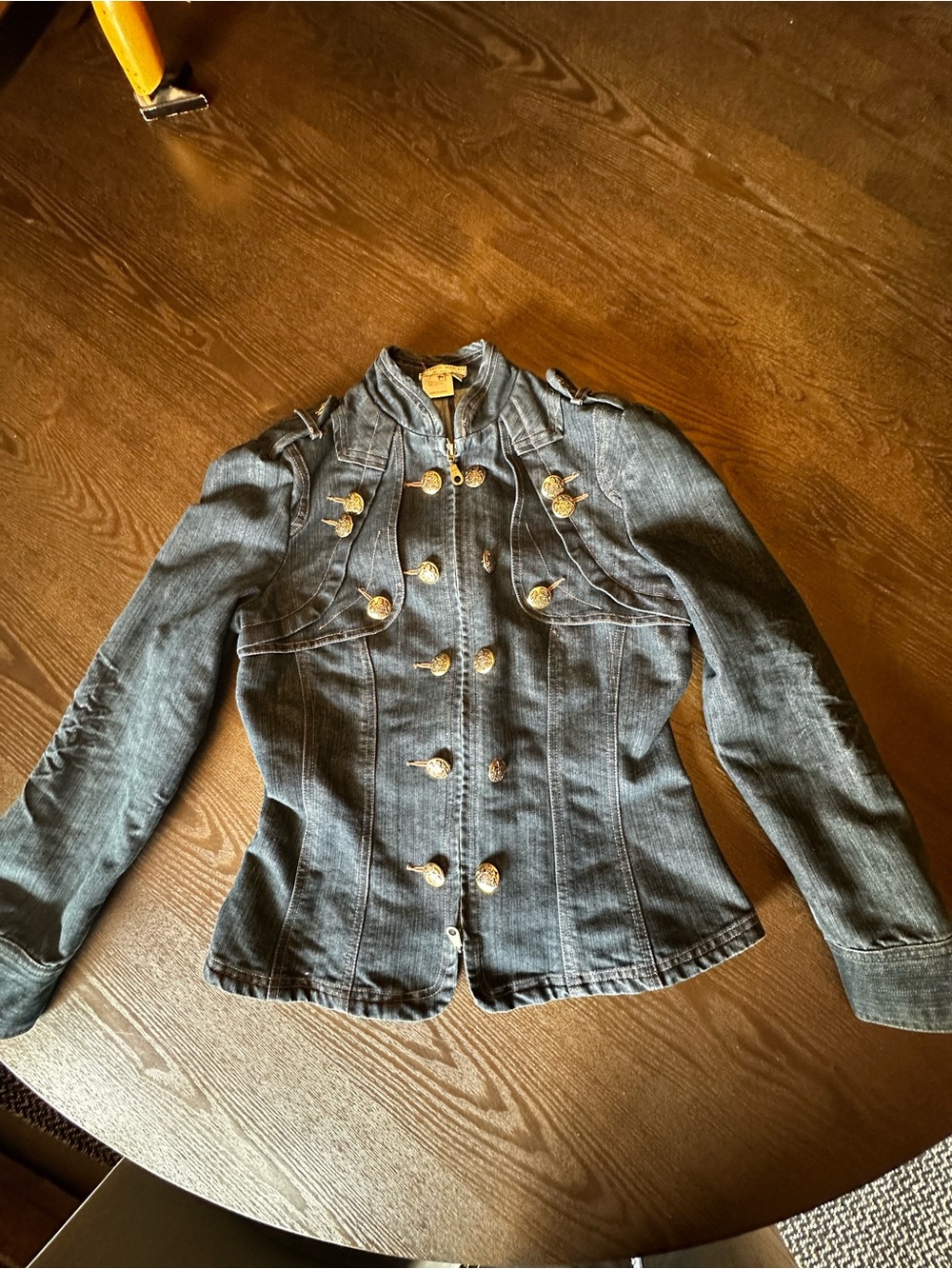 Alberto Makali Dark Denim Military-Style Jacket with Gold Buttons